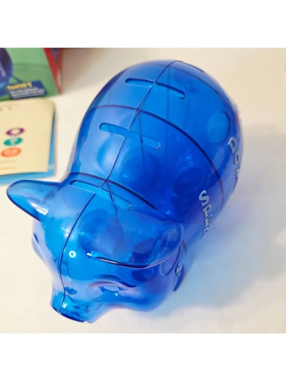 Money Savvy Pig Plastic Piggy Bank Blue Educational 4 Slots Spend Invest Save
